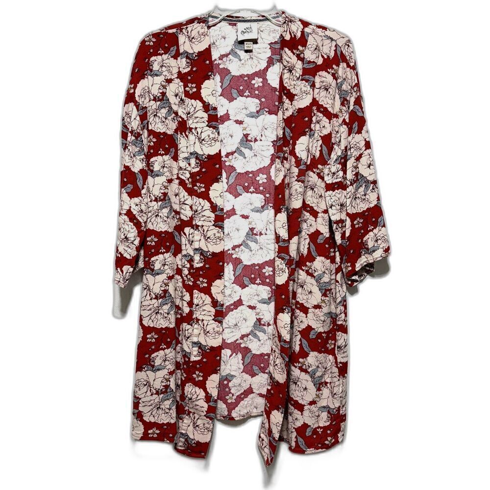 Knox Rose Kimono Womens sz XS/S Open Front Red & Pink Floral Long 3/4 Sleeves